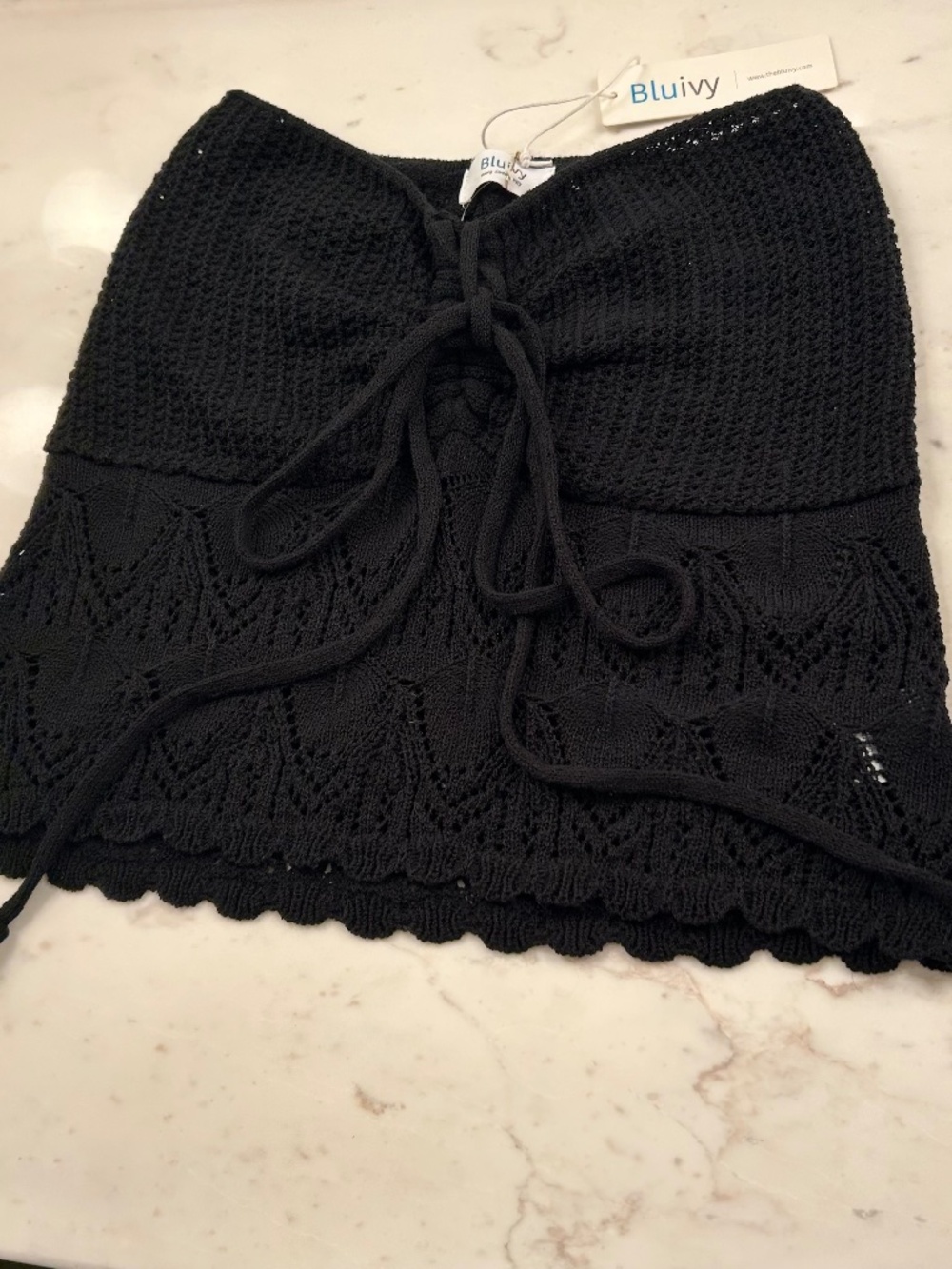 NWT Blu Ivy Black Crochet Knit Strapless Lace Up Tube Top Size Medium